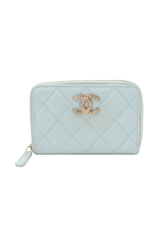 Chanel Handbags - Chanel Quilted Coin Purse Caviar Leather Light Blue Gold